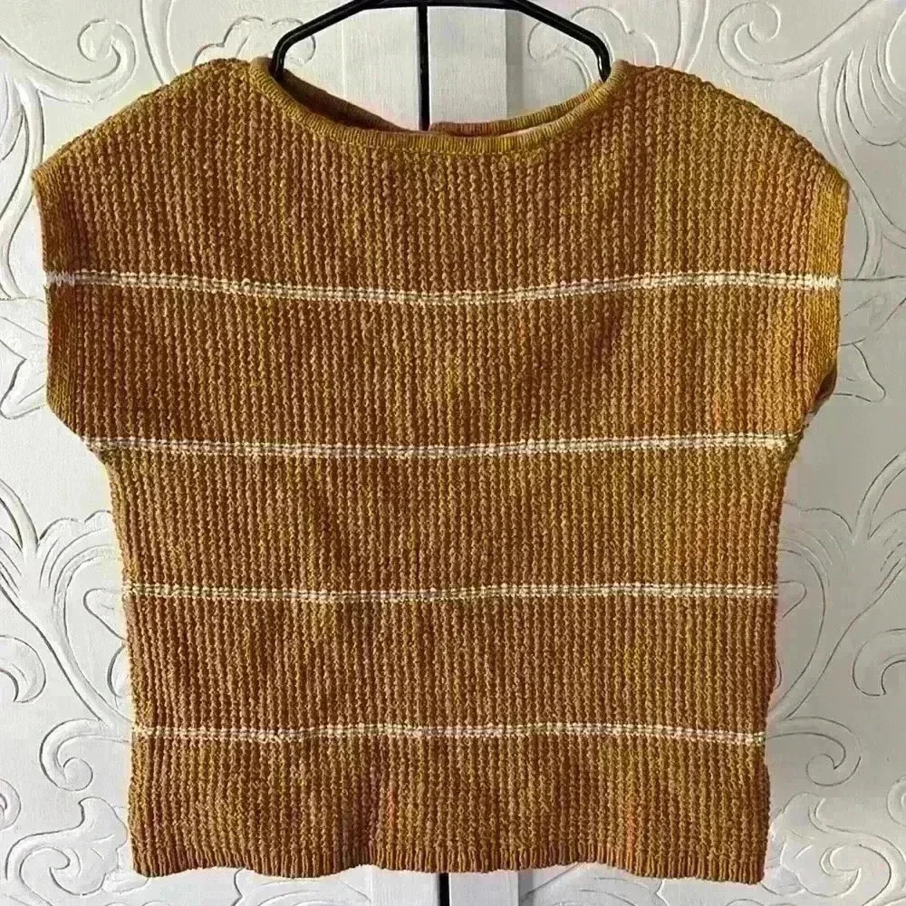Madewell Crocheted Sweater Top Striped Neutral Button Back Short Sleeved Boho XS